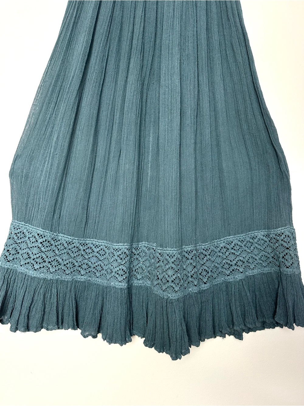 Boho Teal Gauze Crochet Maxi Skirt Sheer Beachy Swim Cover Up Earthy Goblincore - Picture 3 of 9